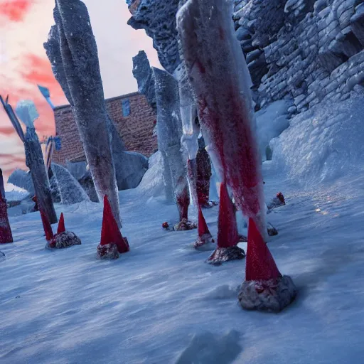 Image similar to highly detailed bloody ice spikes are errupting from the ground by magic, a group of knights in plate - armor impalent by bloody stakes, horrible death on the spot, gloomy lights in the sky, octane render, unreal engine, hyperrealistic