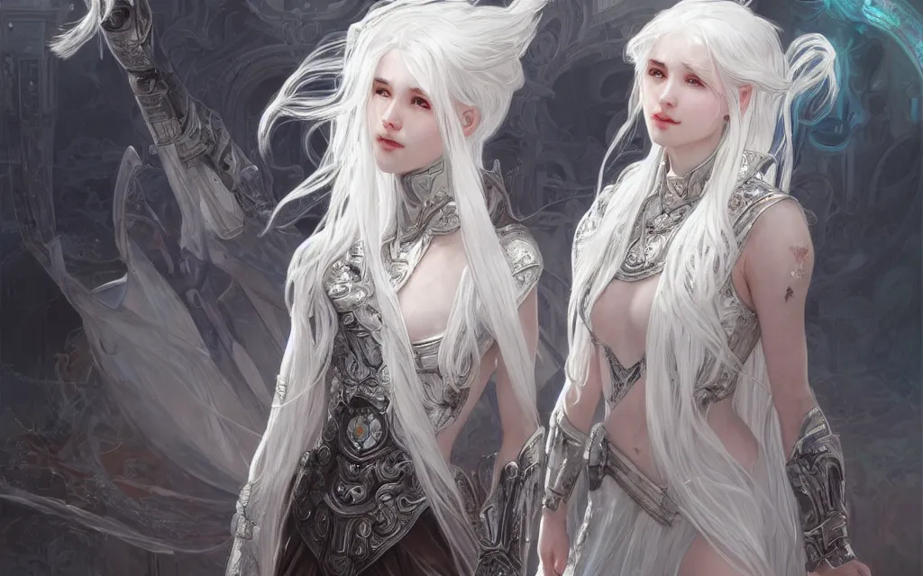 Image similar to portrait white hair knights of zodiac girl, sliver ice color reflected armor, in ruined agora of athens sunrise, ssci - fi and fantasy, intricate and very very beautiful and elegant, highly detailed, digital painting, artstation, concept art, smooth and sharp focus, illustration, art by tian zi and wlop and alphonse mucha