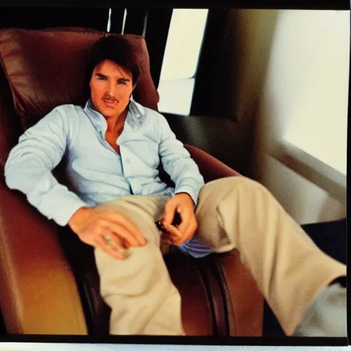 Prompt: Polaroid of Tom Cruise sitting in recliner with remote control watching tv 1983