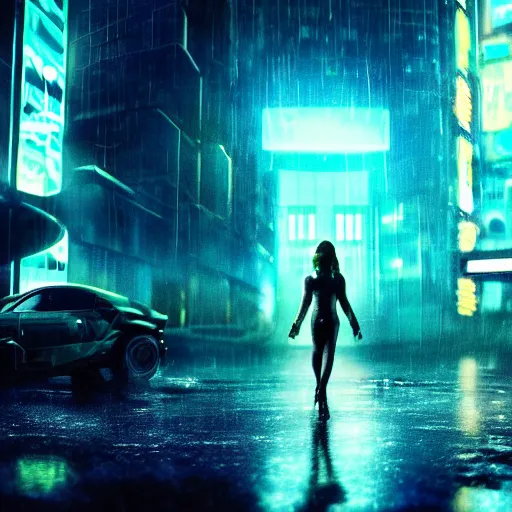 Image similar to jennifer connely starring in a cyberpunk movie in a distopic futuristic city in the style of bladerunner, movie still, highly detailed, rainy night, volumetric lights, dramatic, scifi