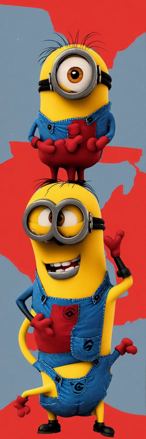 Image similar to Minion on old Soviet poster, high quality, warm colours, red colours