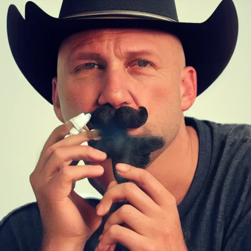 Prompt: bald man with a goatee, with the middle of his mustache shaved, wearing a usa cowboy hat, smoking a cigarette