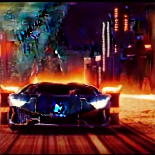 Image similar to A cinematic film still of a Lamborghini in the movie Blade Runner: 2049.