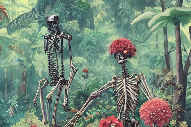 Image similar to 2 d gouache illustration, a lot of exotic vegetation, trees, tremendous skeletal robotic ancient gigantic cat, flowers, oldschool vintage sci - fi flat surreal design, super - detailed, painting by satoshi kon, hd, 4 k, high quality