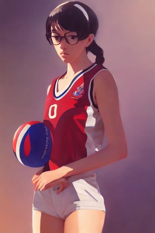 Image similar to a ultradetailed beautiful panting of a stylish woman wearing a volleyball jersey, oil painting, by ilya kuvshinov, greg rutkowski and makoto shinkai