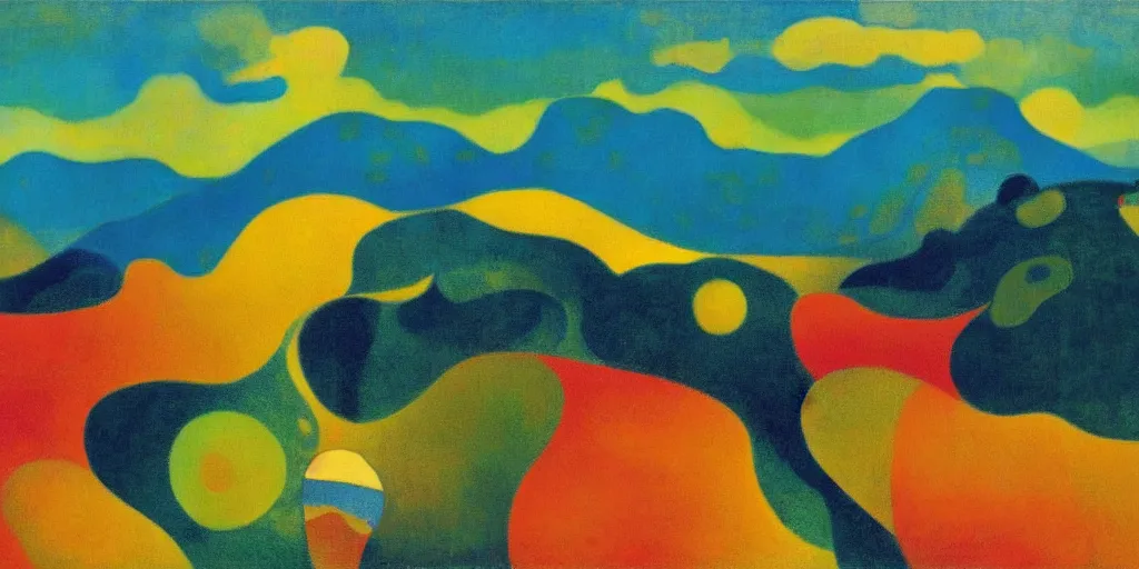 Image similar to An insane, modernist landscape painting. Wild energy patterns rippling in all directions. Curves, organic, zig-zags. Mountains, clouds. Rushing water. Waves. Psychedelic dream world. Odilon Redon. Alex Katz.