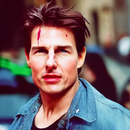 Prompt: photo tom cruise with purple hair, and red lipstick, cinestill, 800t, 35mm, full-HD