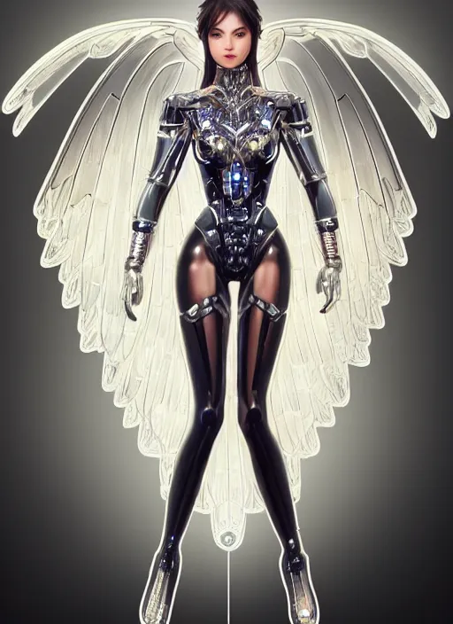 Image similar to full body photo of a gorgeous young mechanical angel woman with crystal wings in the style of stefan kostic, realistic, sharp focus, 8 k high definition, insanely detailed, intricate, elegant, art by stanley lau and artgerm