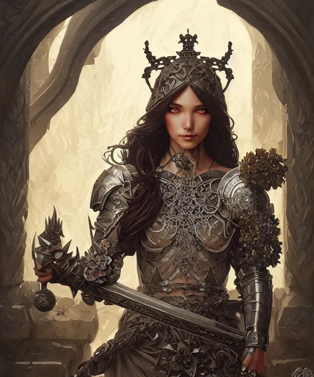 Image similar to Muscular and powerful medieval knight portrait, art nouveau, fantasy, intricate flower designs, elegant, highly detailed, sharp focus, art by Artgerm and Greg Rutkowski