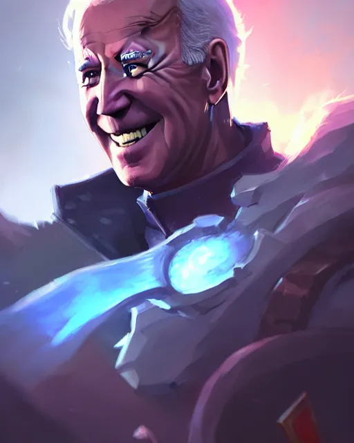 Prompt: joe biden as a league of legends champion, medium shot close up, details, sharp focus, illustration, by jordan grimmer and greg rutkowski, trending artstation, digital art