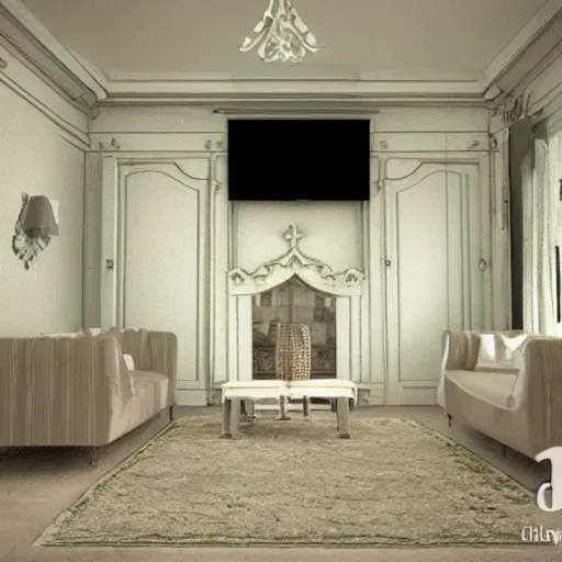 Image similar to a detalied 3 d render of a shabby chic living room, photorealism