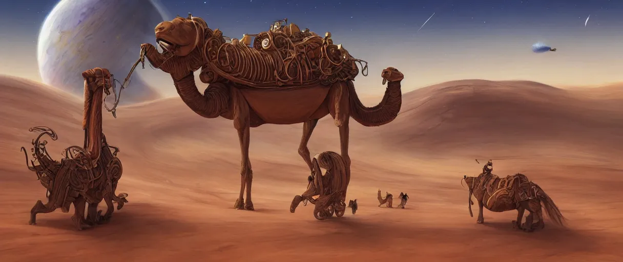 Image similar to a beautiful illustration of a winding wooden structure on the back of a giant alien camel traveling an expansive desert with a ringed planet on the horizon in the style of Rob Lefield and Ralph McQuarrie, Daniel Merriam :.1, trending on artstation, digital art, third person perspective, wide angle, establishing shot