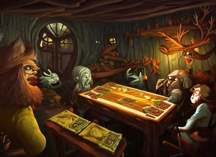 Prompt: interior of a dark cabin. a leshy forces you to play a tabletop card game. painting by dan volbert and mandy jurgens and deiv calviz and lim chuan shin