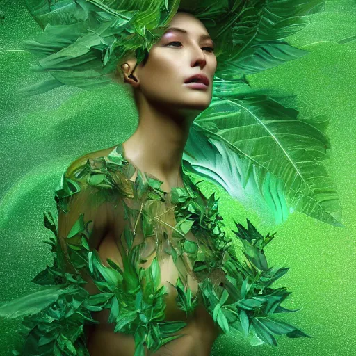 Prompt: a highly detailed ethereal full body digital image of a elegantly posed dancing futuristic woman beautifully cocooned in realistic green leafy foliage liquid like leaves shot, full body shot, by Andrew Chiampo, artstation, and Frederik Heyman, extremely detailed woman, stunning volumetric lighting, hyper realism, fantasy 4k