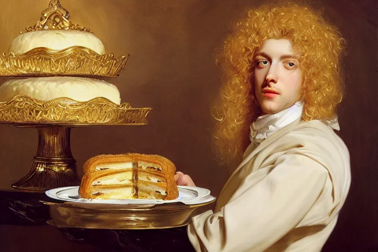 Image similar to Lucius as a pale albino prince of luxurious scintillating radiance, long fluffy blond curly hair, enjoying delicate cakes and pastries, oil on canvas, golden hour, artstation, by J. C. Leyendecker and Peter Paul Rubens