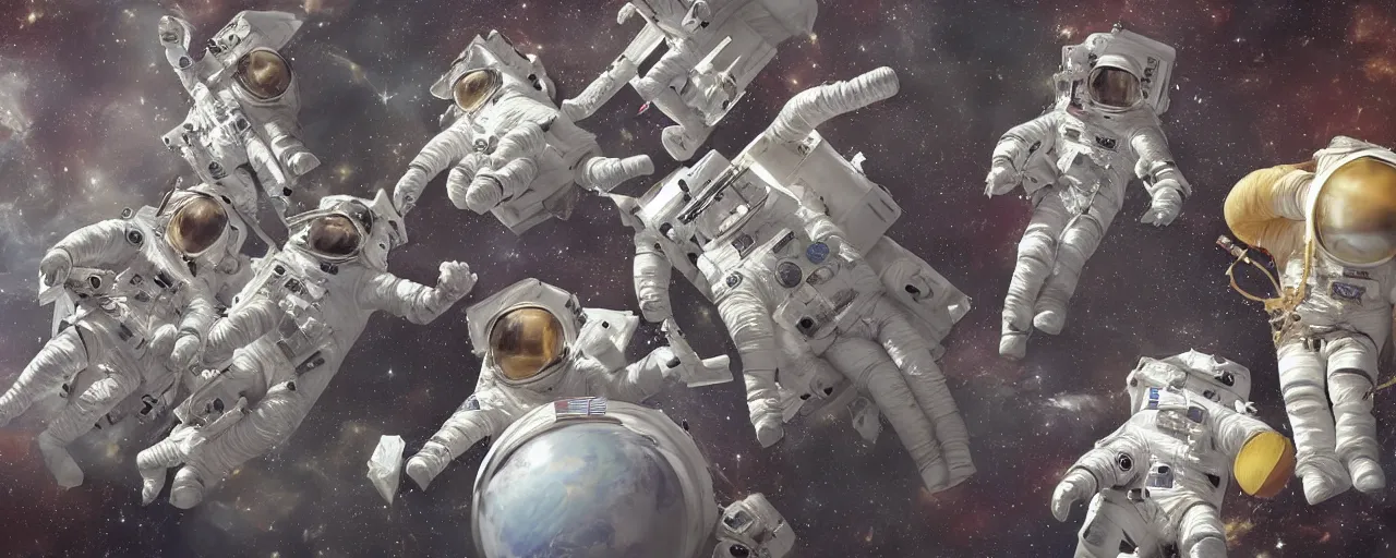 Prompt: hyperdetailed photorealistic astronauts seen from the long distance. sci-fi flemish baroque mixed media elements. pastel tones. NASA pic. matte background HD 8x