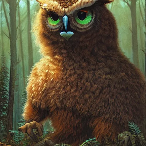 Image similar to three quarter portrait of an owlbear in the forest, d & d, fantasy, michael whelan,