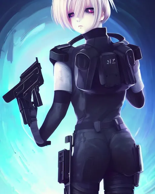 Image similar to 2 b, anime key visual of a young female swat officer, neon, cyberpunk, futuristic, white outfit, black swat vest, swat helmet, holding pdw, stunning, highly detailed, digital painting, smooth, soft focus, illustration, poster, japanese typography, digital art from artstation by artgerm and greg rutkowski and alphonse mucha