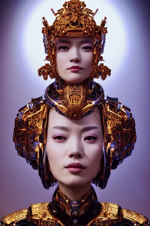 Image similar to a beautiful empress portrait, with a brilliant, impossible striking big cybernetic headpiece, cybernetic clothes, symmetrical, dramatic studio lighting, rococo, baroque, asian, hyperrealism, closeup, D&D, fantasy, intricate, elegant, highly detailed, digital painting, artstation, octane render, 8k, concept art, matte, sharp focus, illustration, art by Artgerm and Greg Rutkowski and Alphonse Mucha