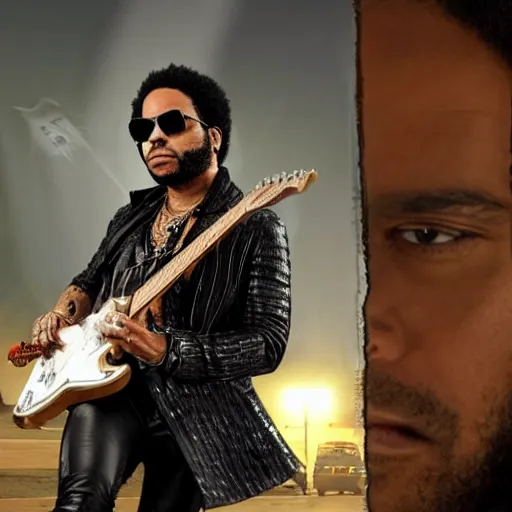 Image similar to lenny kravitz ( with accurate face ) as men in black agent fighting aliens, dynamic movie still, detailed 8 k photorealistic portrait, imdb poster style