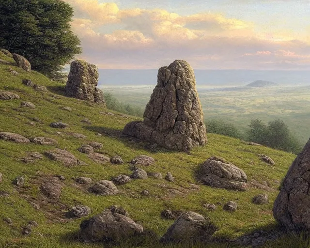 Prompt: a high hill landscape with a circle of large stones in the shape of a finger on the top, by ted nasmith