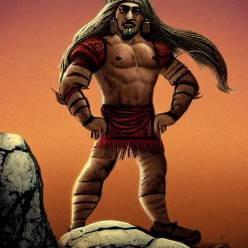 Prompt: persian folktale art style, barbarian on mars, pulp science fiction, standing atop boulder overlooking barren expanse, back facing the viewer