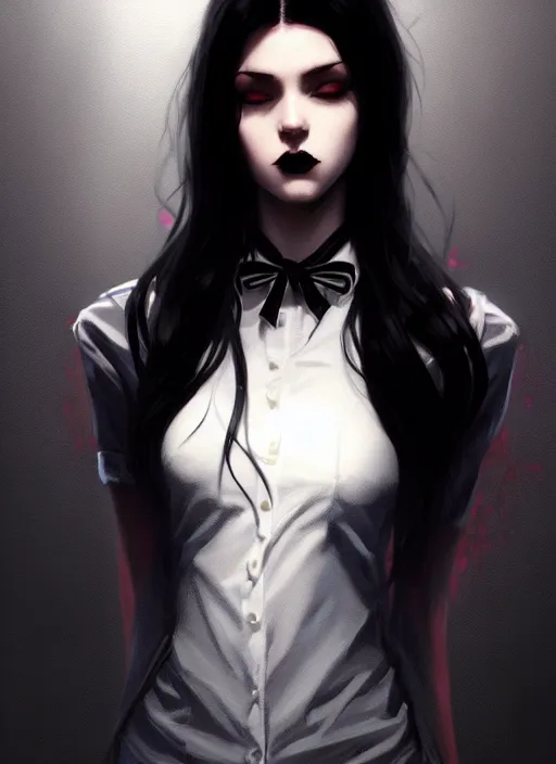 Image similar to ultradetailed beautiful panting of a stylish goth woman wearing a shirt with a tie, dramatic, she has black hair, distressed, volumetric light, by greg rutkowski, ilya kuvshinov, james jean, makoto shinkai, on artstation