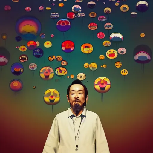 Image similar to a man walking on clouds away from the camera above kyoto by takashi murakami, beeple and james jean, aya takano color style, 4 k, super detailed, modern, 4 k, symmetrical