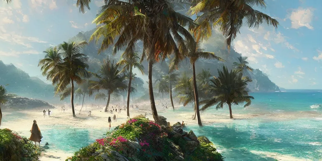 Prompt: a beautiful resort leading to a view of the beach, by greg rutkowski and thomas kinkade, trending on artstation