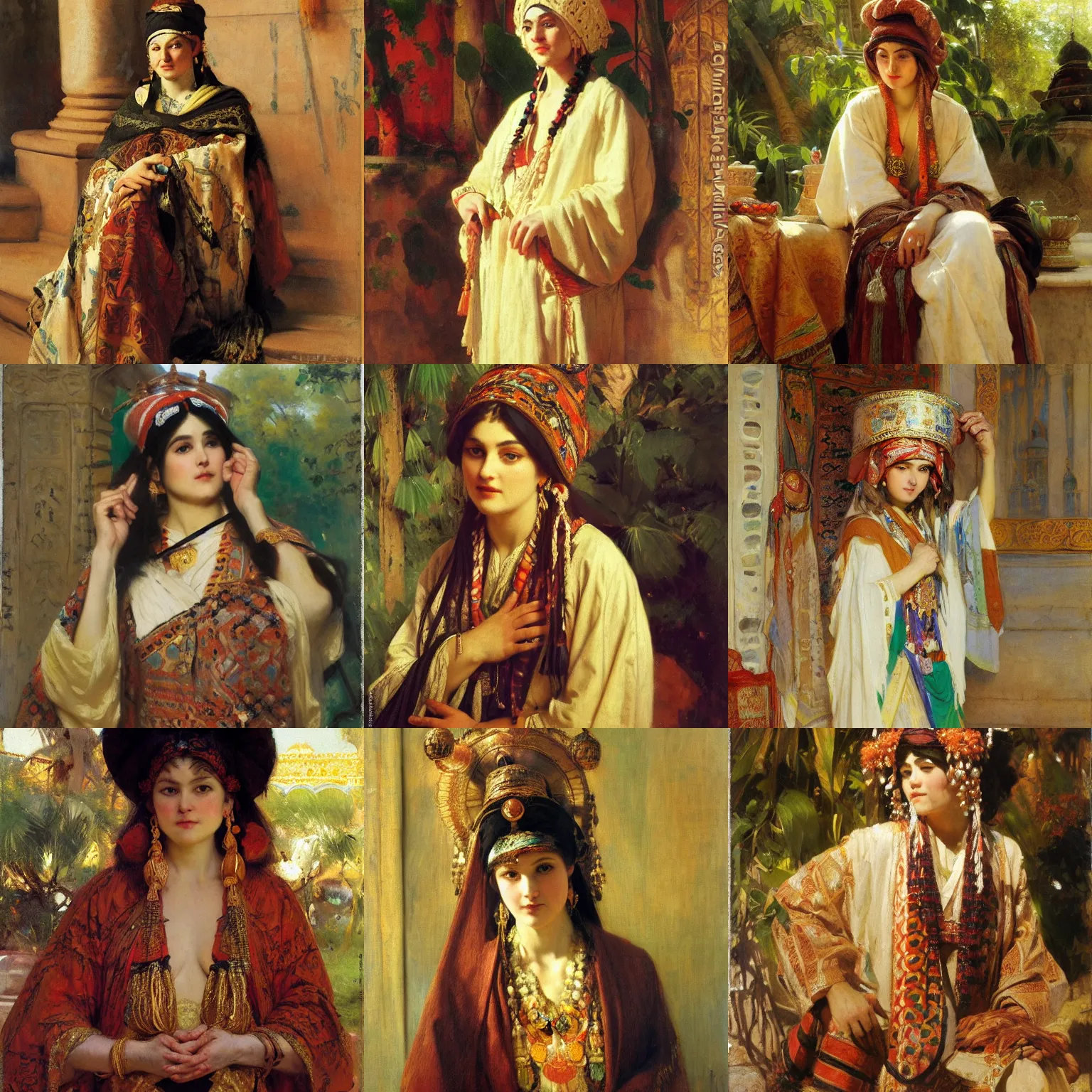 Prompt: orientalism cute priestess wearing sarashi by theodore ralli and nasreddine dinet and anders zorn and nikolay makovsky and edwin longsden long, oil on canvas, masterful intricate artwork, excellent lighting, high detail 8 k