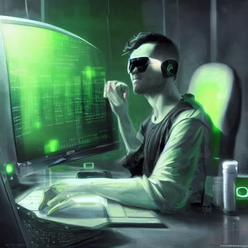 Image similar to a hacker sitting at his computer with green glare by raymond swanland, highly detailed