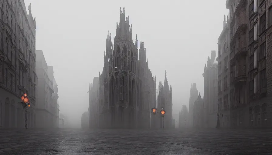 Image similar to empty streets od neo - gothic brussels in fog, wet ground, hyperdetailed, artstation, cgsociety, 8 k