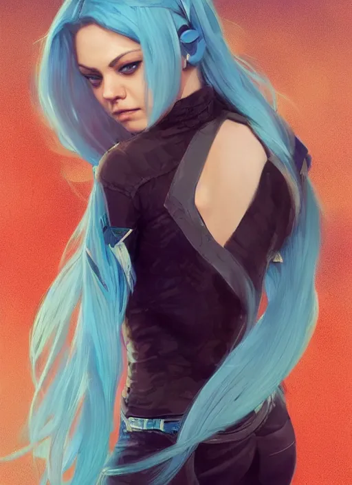 Image similar to mila kunis with a dragon back tattoo, light blue hair, rem rezero, laser lights, sharp focus, digital painting, 8 k, concept art, art by wlop, artgerm, greg rutkowski, alphonse mucha