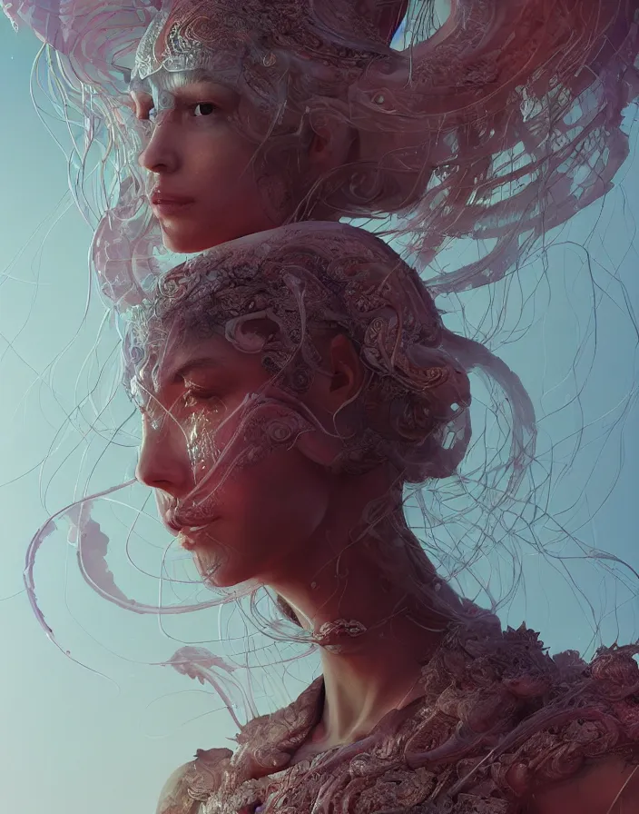 Image similar to goddess portrait. jellyfish phoenix head. intricate artwork by Tooth Wu and wlop and beeple. octane render, trending on artstation, greg rutkowski very coherent symmetrical artwork. cinematic, hyper realism, high detail, octane render, 8k