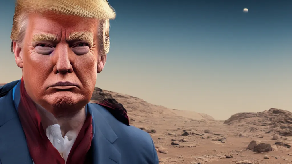 Image similar to realistic portrait of donald trump on mars, fantasy artwork, very very very beautiful scenery, hd, hdr, ue5, ue6, unreal engine 5, cinematic 4k wallpaper, 8k, ultra detailed, high resolution, artstation, award winning