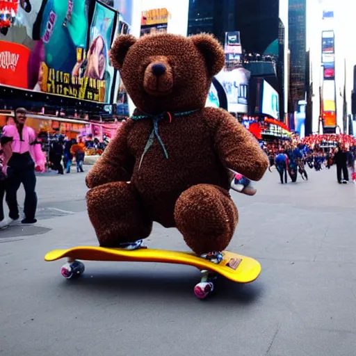 Image similar to a teddy bear on a skateboard in times square