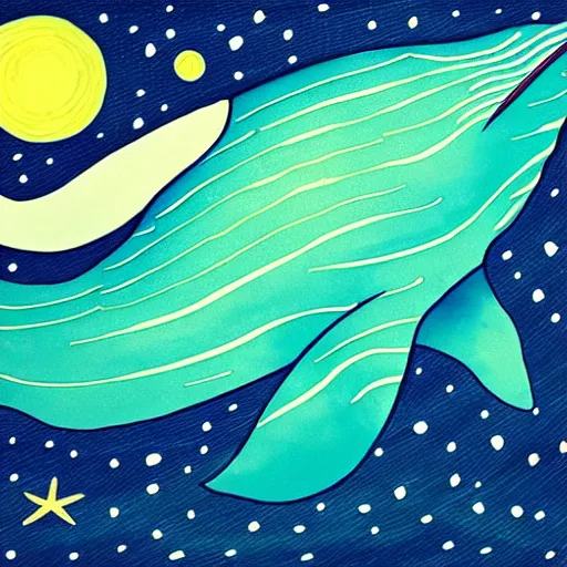 Image similar to portrait of whale swimming on a starry night sky, swimming across the universe, oniric, dreamy, stylized, beautiful,