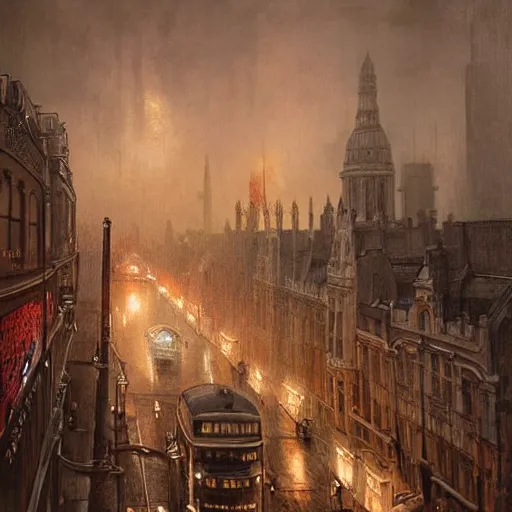 Image similar to a painting of london in 1 9 2 0's, ultra realistic, colour, concept art, intricate details, night, thunder, raining, eerie, highly detailed,, dark fantasy, photorealistic, octane render, 8 k, unreal engine 5. art by artgerm and greg rutkowski and alphonse mucha