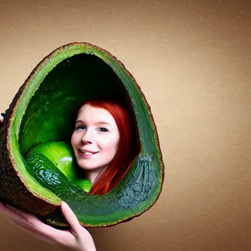 Image similar to red headed young woman inside a giant avocado