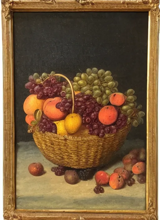 Image similar to a 1 9 th century oil sketch of a basket full of fruit. high quality scan