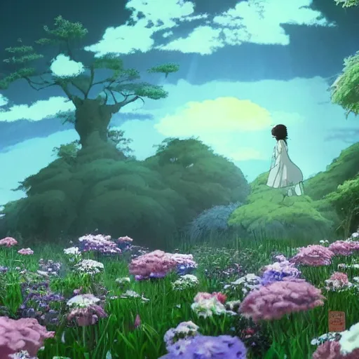 Image similar to spirit creature in the flowers at night made by studio ghibli, beautiful scene, detailed, high quality, high details, smooth, 8 k, fantasy,