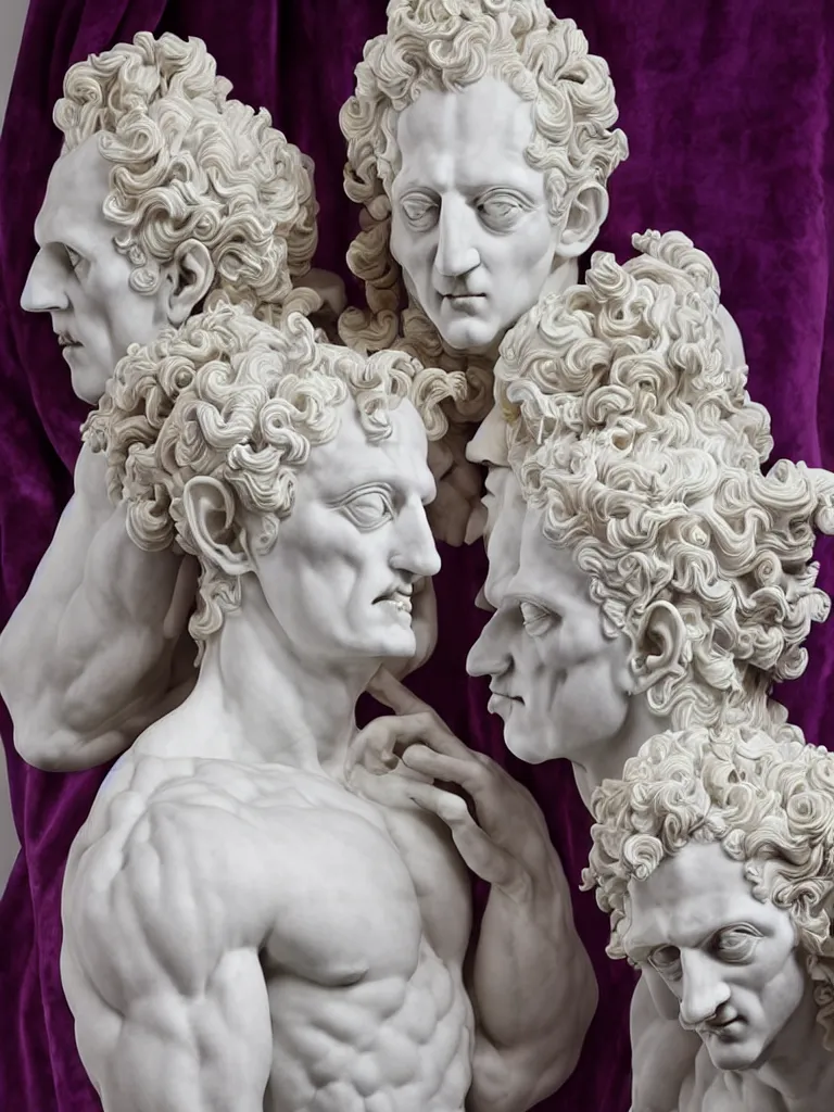 Image similar to Epic view of intricate stained white marble statue with triple head clown faces looking to both sides using a purple velvet veil over his shoulder sculpted by Antonio Corradini and Bernini