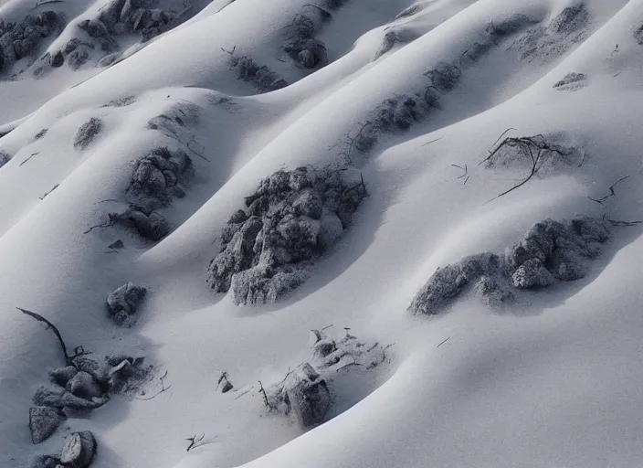 Prompt: minimalist charred rocky snowdrift landscape with slow wide contours from mulan ( 1 9 9 8 )