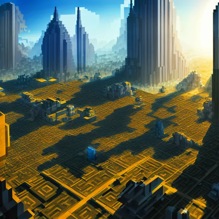 Image similar to nuclear fusion powering a city of the future in minecraft style, volumetric lighting, digital painting, highly detailed, artstation, sharp focus, sunny day, utopia, open space, illustration, concept art, ruan jia, steve mccurry, studio ghibli