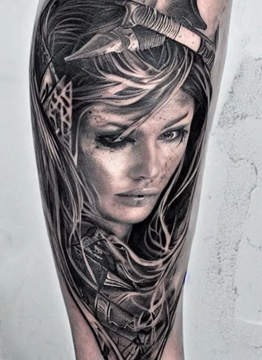 Image similar to tattoo design of a hyper - realistic beautiful girl warrior, hyper detailed, in the design of eliot kohek, white background