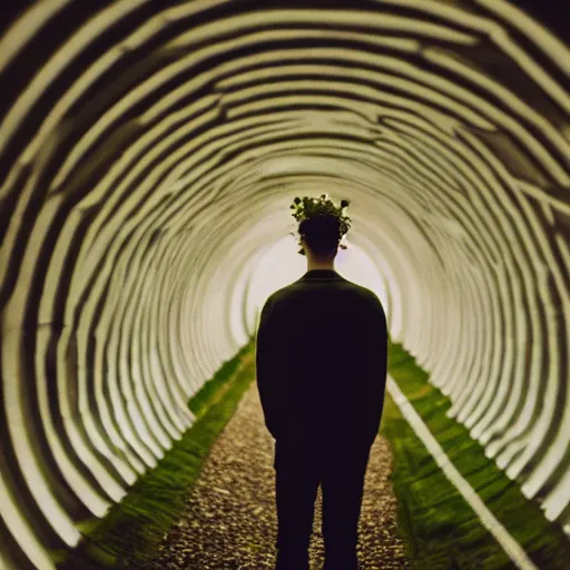 Image similar to kodak portra 1 6 0 photograph of a skinny guy standing in tunnel of light, flower crown, back view, moody lighting, moody vibe, telephoto, 9 0 s vibe, blurry background, tranquil, calm, faded!,