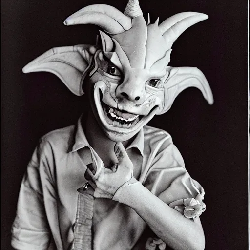 Image similar to by herve guibert, by georg baselitz soft fish - eye lens. a conceptual art of a young boy disguised as a dragon. the boy is shown wearing a costume with dragon - like features, including a long tail, wings, & horns. he has a large grin on his face, suggesting that he is enjoying his disguise.