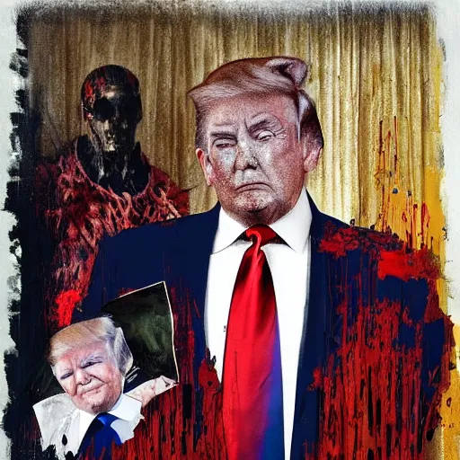 Image similar to trump as a warlord, painting, surreal, bloody