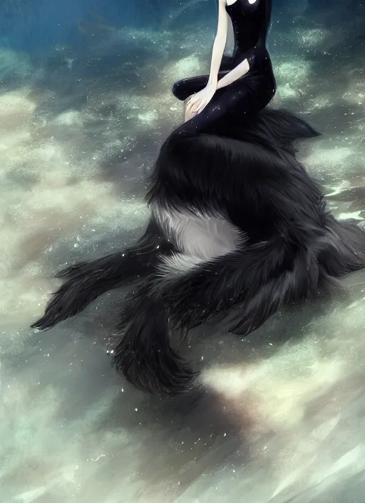 Image similar to beautiful wide angle full body portrait of a cute male anthropomorphic anthro border collie fursona wearing an evening gown underwater, character design by charlie bowater, henry asencio, and ross tran, scenic background, detailed, glamor pose, aesthetic, furry, trending on artstation, furaffinity, deviantart