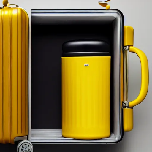 Prompt: a yellow coffee mug looks like rimowa aluminium suitcase, full of steaming coffee